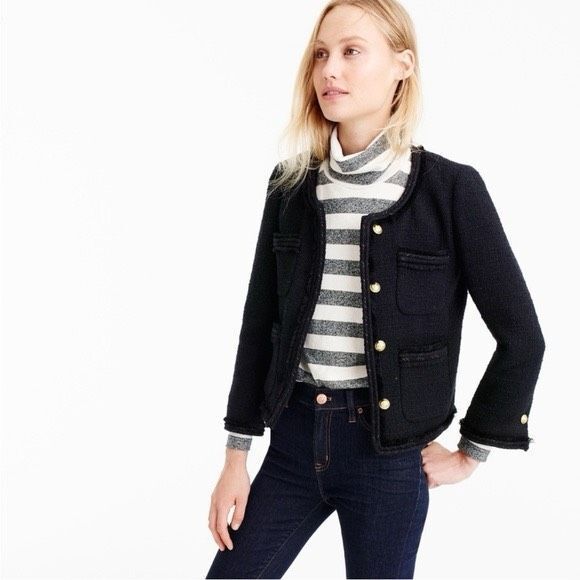 J. Crew Women’s Black Cropped Lady Tweed Jacket Gold Buttons Fringe Trim Pockets - Picture 6 of 15